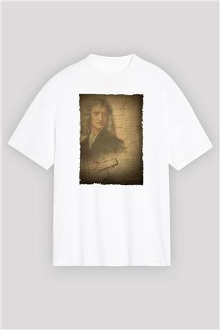 Isaac Newton Baskılı Unisex Oversize Beyaz Tişört - Tshirt