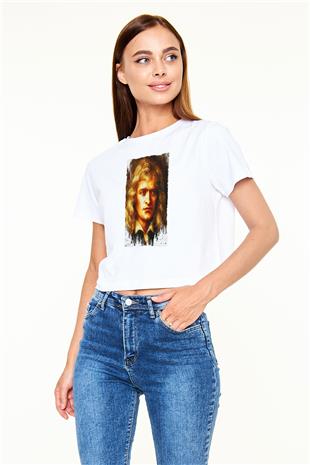 Isaac Newton Portre Baskılı Kadın Crop Top Beyaz Tişört