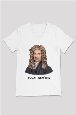 İsaac Newton Portre Baskılı Unisex Beyaz V Yaka Tişört