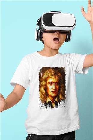 Isaac Newton Portre Baskılı Unisex Beyaz Çocuk Tişörtü - Tshirt
