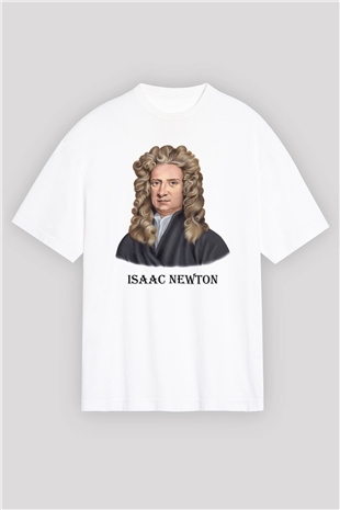 İsaac Newton Portre Baskılı Unisex Beyaz Oversize Tişört