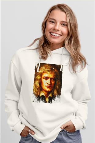 Isaac Newton Portre Baskılı Unisex Ekru Hoodie