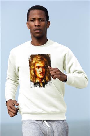 Isaac Newton Portre Baskılı Unisex Ekru Sweatshirt