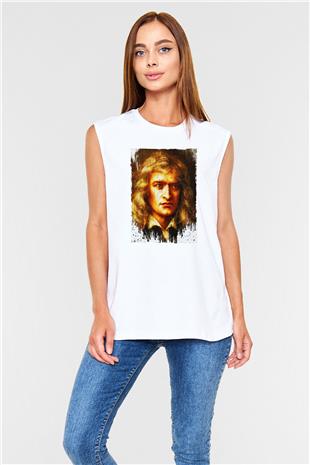 Isaac Newton Portre Baskılı Unisex Kolsuz Beyaz Tişört - Tshirt