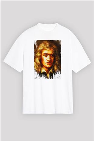 Isaac Newton Portre Baskılı Unisex Oversize Beyaz Tişört - Tshirt