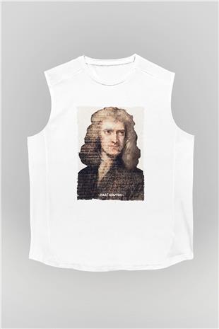 Isaac Newton Yazılı Portre Baskılı Unisex Kolsuz Beyaz Tişört - Tshirt