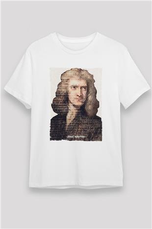 Isaac Newton Yazılı Portre Baskılı Unisex Beyaz Tişört - Tshirt