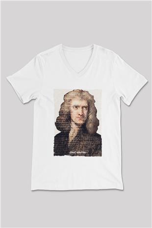 Isaac Newton Yazılı Portre Baskılı Unisex V Yaka Beyaz Tişört - Tshirt