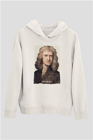 Isaac Newton Yazılı Portre Baskılı Unisex Ekru Hoodie