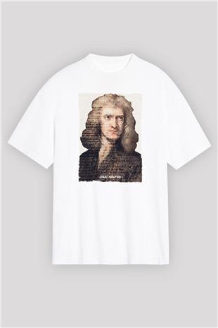 Isaac Newton Yazılı Portre Baskılı Unisex Oversize Beyaz Tişört - Tshirt
