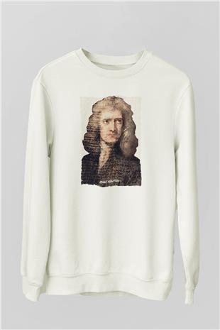 Isaac Newton Yazılı Portre Baskılı Unisex Ekru Sweatshirt