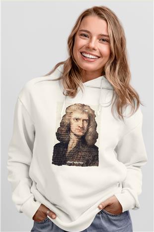 Isaac Newton Yazılı Portre Baskılı Unisex Ekru Hoodie