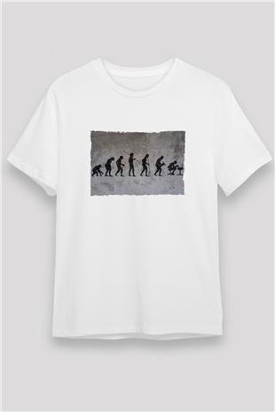 İşe Evrim Baskılı Unisex Beyaz Tişört - Tshirt