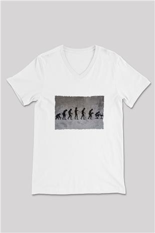 İşe Evrim Baskılı Unisex V Yaka Beyaz Tişört - Tshirt