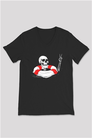 İskelet Baskılı Unisex Siyah  V Yaka Tişört
