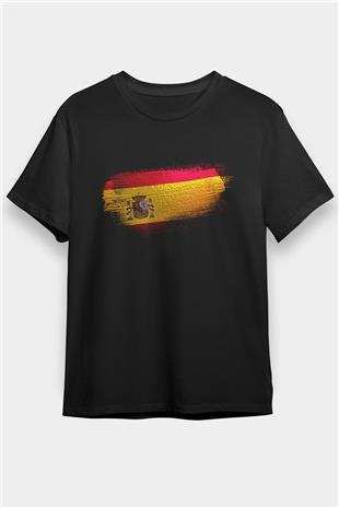 İspanya - Spain Bayrağı Baskılı Unisex Siyah Tişört
