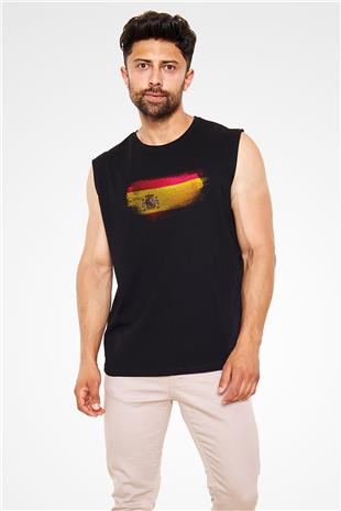 İspanya - Spain Bayrağı Baskılı Unisex Siyah Kolsuz Tişört