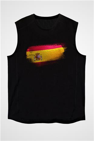 İspanya - Spain Bayrağı Baskılı Unisex Siyah Kolsuz Tişört