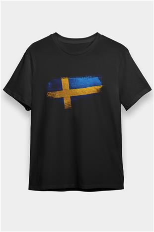 İsveç - Sweden Bayrağı Baskılı Unisex Siyah Tişört