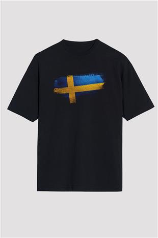 İsveç - Sweden Bayrağı Baskılı Unisex Siyah Oversize Tişört