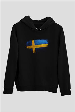 İsveç - Sweden Bayrağı Baskılı Unisex Siyah Hoodie