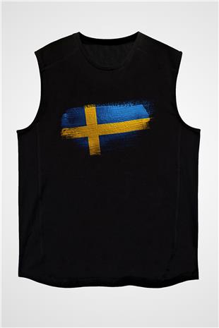 İsveç - Sweden Bayrağı Baskılı Unisex Siyah Kolsuz Tişört