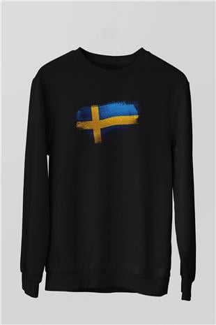 İsveç - Sweden Bayrağı Baskılı Unisex Siyah Sweatshirt
