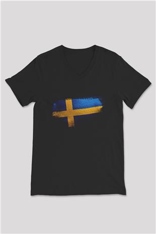 İsveç - Sweden Bayrağı Baskılı Unisex Siyah V Yaka Tişört