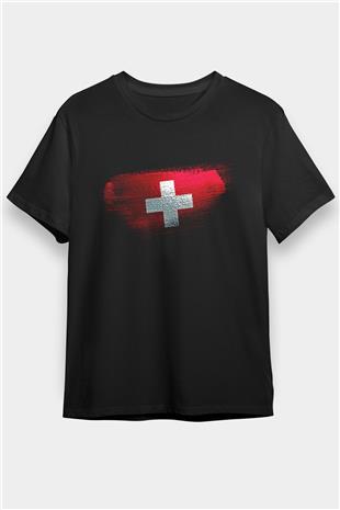 İsviçre - Switzerland Bayrağı Baskılı Unisex Siyah Tişört