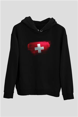 İsviçre - Switzerland Bayrağı Baskılı Unisex Siyah Hoodie