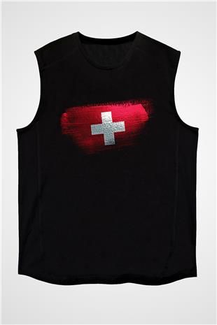 İsviçre - Switzerland Bayrağı Baskılı Unisex Siyah Kolsuz Tişört
