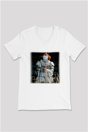 It Beyaz Unisex V Yaka Tişört T-Shirt