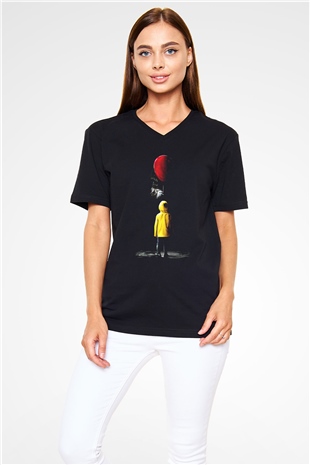 It Siyah Unisex V Yaka Tişört T-Shirt