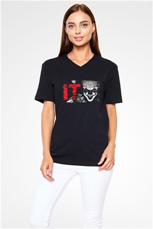 It Siyah Unisex V Yaka Tişört T-Shirt