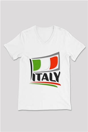 İtalya Beyaz Unisex V Yaka Tişört T-Shirt