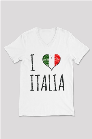İtalya Beyaz Unisex V Yaka Tişört T-Shirt