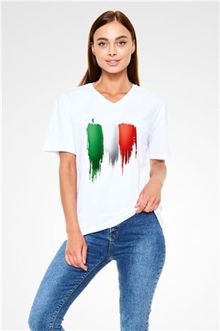İtalya Beyaz Unisex V Yaka Tişört T-Shirt
