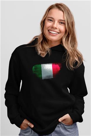 İtalya - İtaly Bayrağı Baskılı Unisex Siyah Hoodie