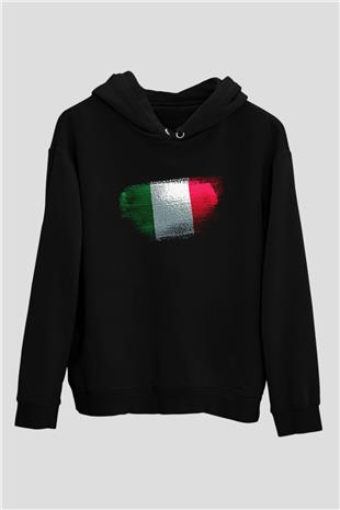 İtalya - İtaly Bayrağı Baskılı Unisex Siyah Hoodie