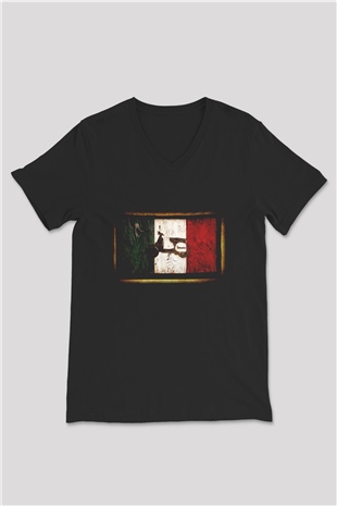 İtalya Siyah Unisex V Yaka Tişört T-Shirt