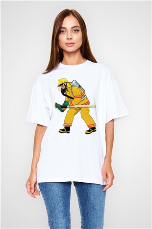 İtfaiyeci Beyaz Unisex Oversize Tişört T-Shirt