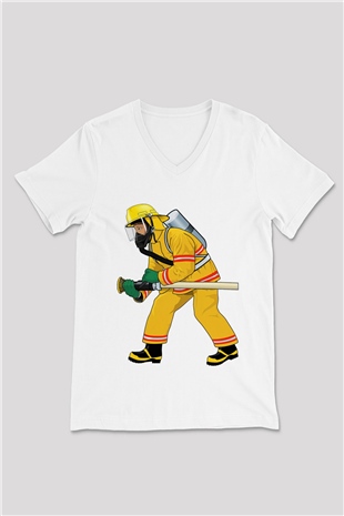 İtfaiyeci Beyaz Unisex V Yaka Tişört T-Shirt