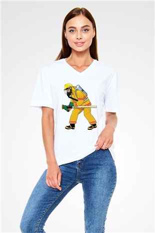 İtfaiyeci Beyaz Unisex V Yaka Tişört T-Shirt