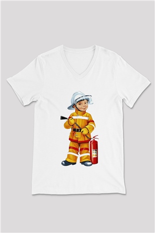 İtfaiyeci Beyaz Unisex V Yaka Tişört T-Shirt