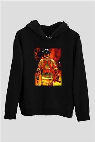 İtfaiyeci Siyah Unisex Kapşonlu Sweatshirt