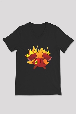İtfaiyeci Siyah Unisex V Yaka Tişört T-Shirt
