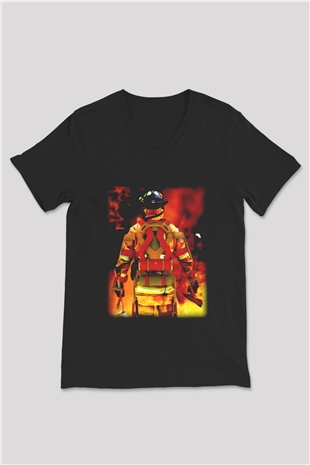 İtfaiyeci Siyah Unisex V Yaka Tişört T-Shirt