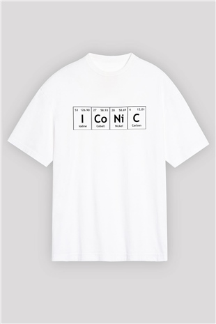İyot Kobalt Nikel Karbon İconic Baskılı Unisex Beyaz Oversize Tişört