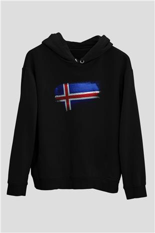 İzlanda - İceland Bayrağı Baskılı Unisex Siyah Hoodie