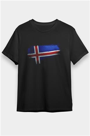 İzlanda - İceland Bayrağı Baskılı Unisex Siyah Tişört